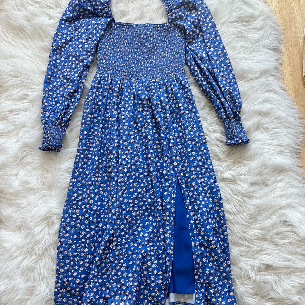 NWT Blue Floral Midi Dress Side Slit Small